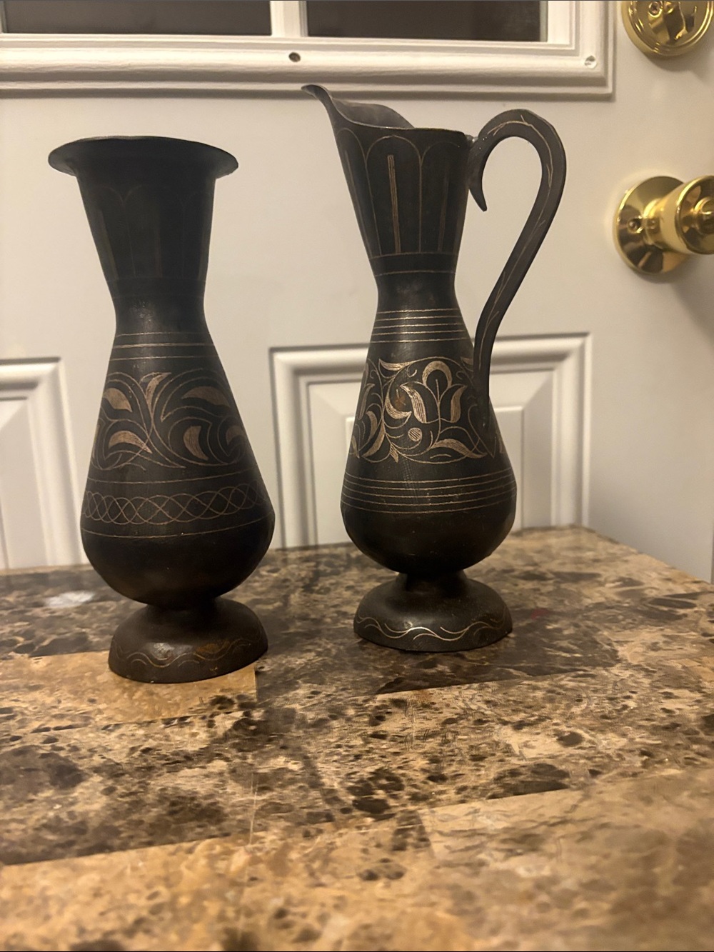 Black and Gold Decorative Etched Pitcher and Vase Set
